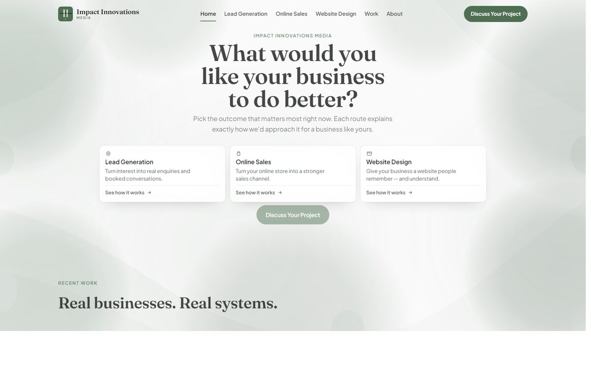The Impact Innovations Media homepage: a centred serif headline reading What would you like your business to do better, three frosted glass route cards, and a row of four result figures.