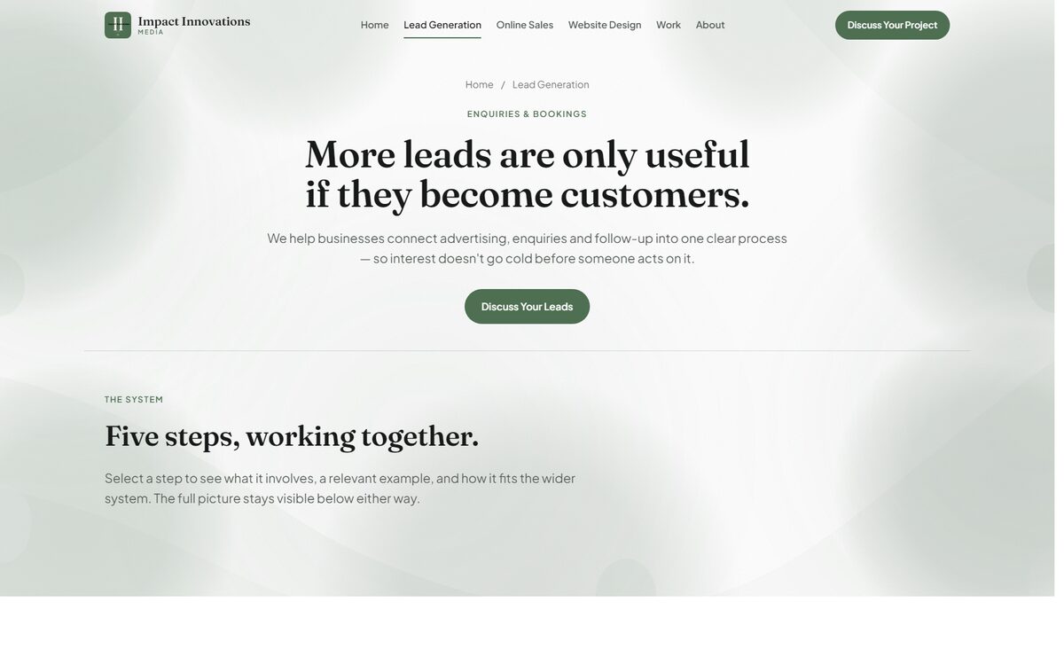 The Lead Generation page showing a centred headline and an interactive five-step system selector.